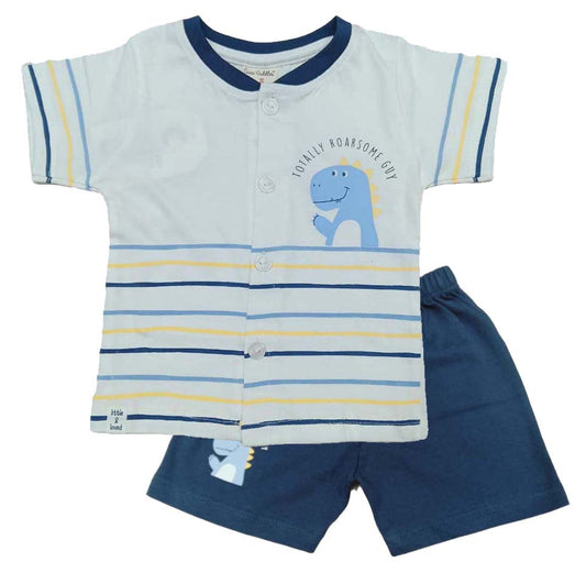 Baby boys Half Sleeve Front Open Printed T Shirt With Short - white