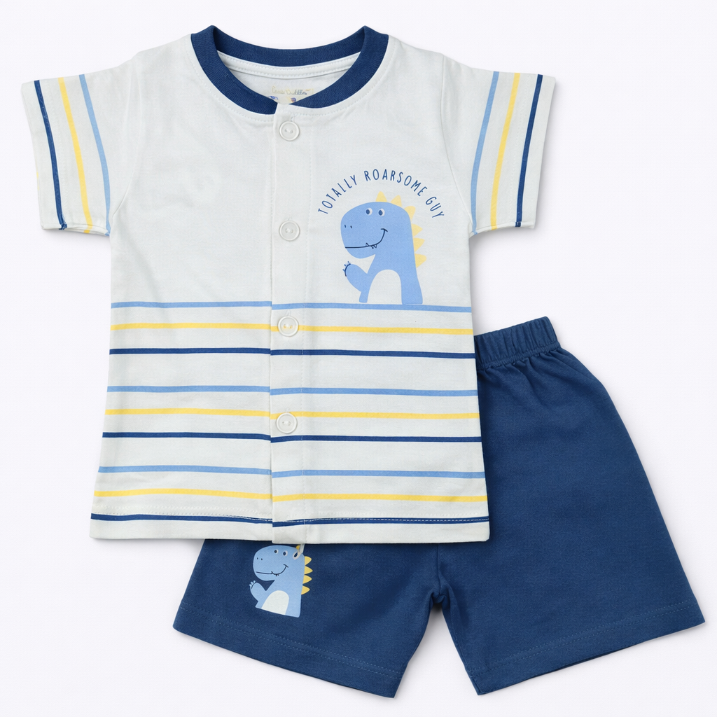 Baby boys Half Sleeve Front Open Printed T Shirt With Short - white
