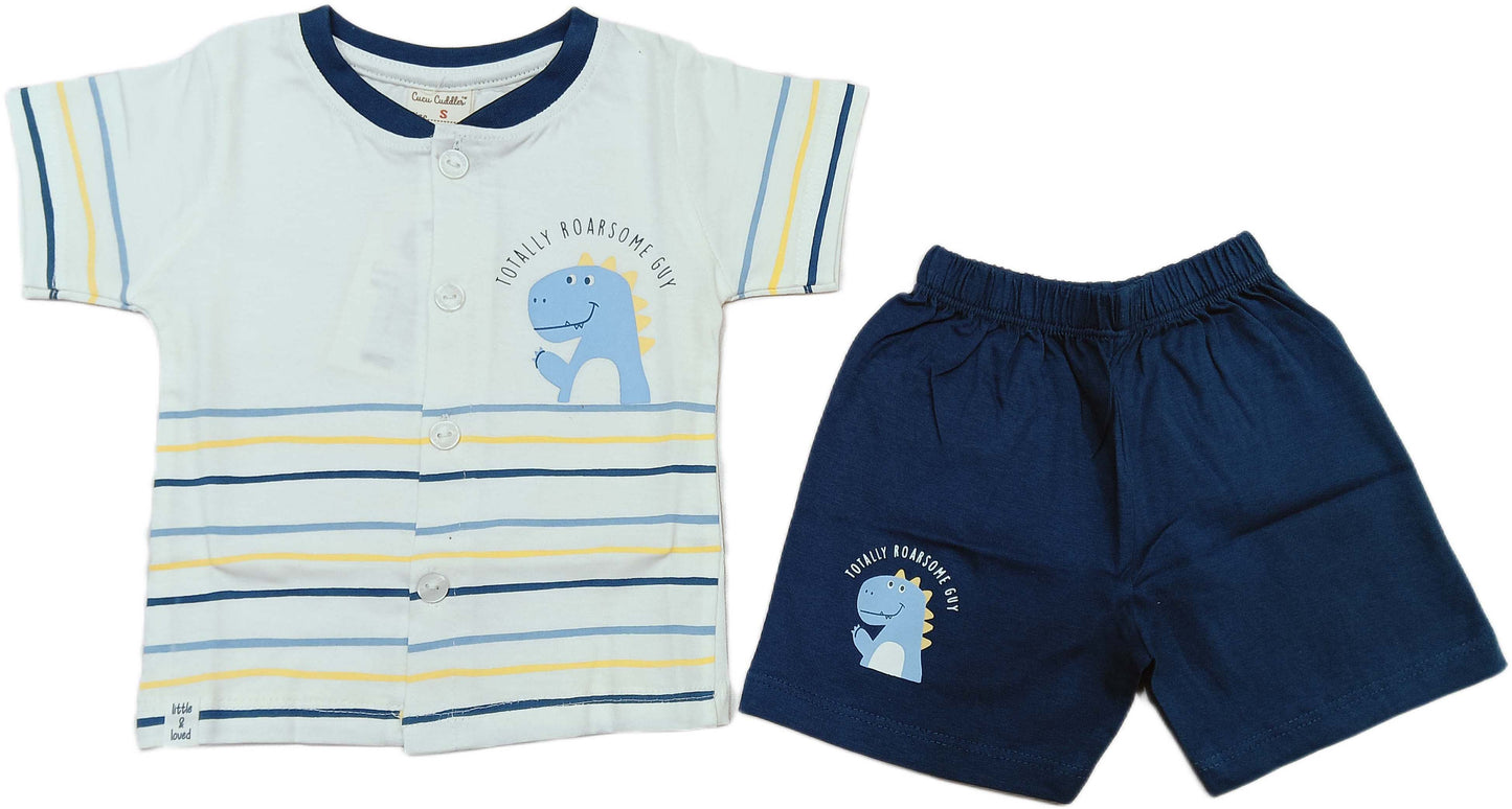 Baby boys Half Sleeve Front Open Printed T Shirt With Short - white