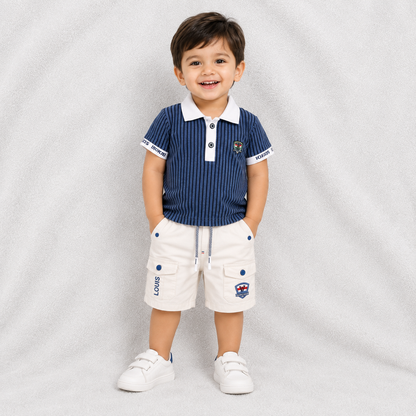 Boys' Striped Polo T-Shirt – Dark Blue & White – Short Sleeves with Short