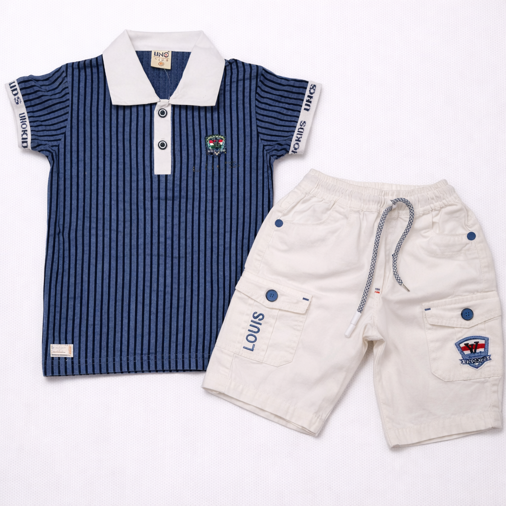 Boys' Striped Polo T-Shirt – Dark Blue & White – Short Sleeves with Short