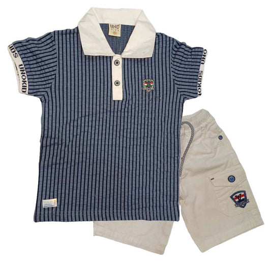 Boys' Striped Polo T-Shirt – Dark Blue & White – Short Sleeves with Short