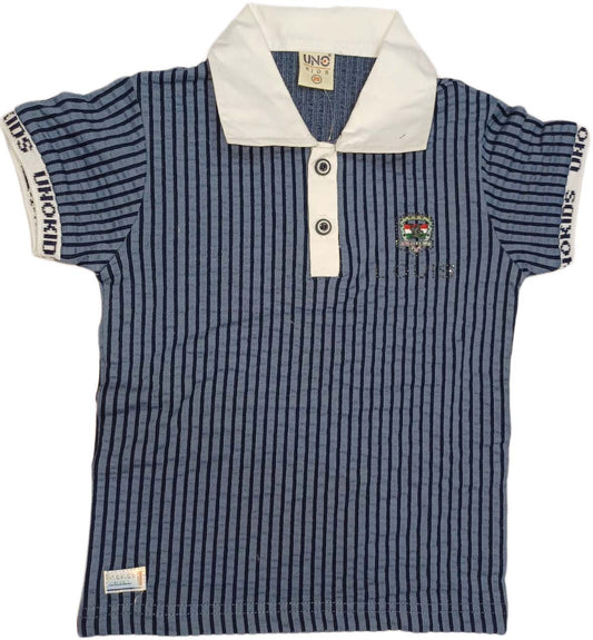 Boys' Striped Polo T-Shirt – Dark Blue & White – Short Sleeves with Short