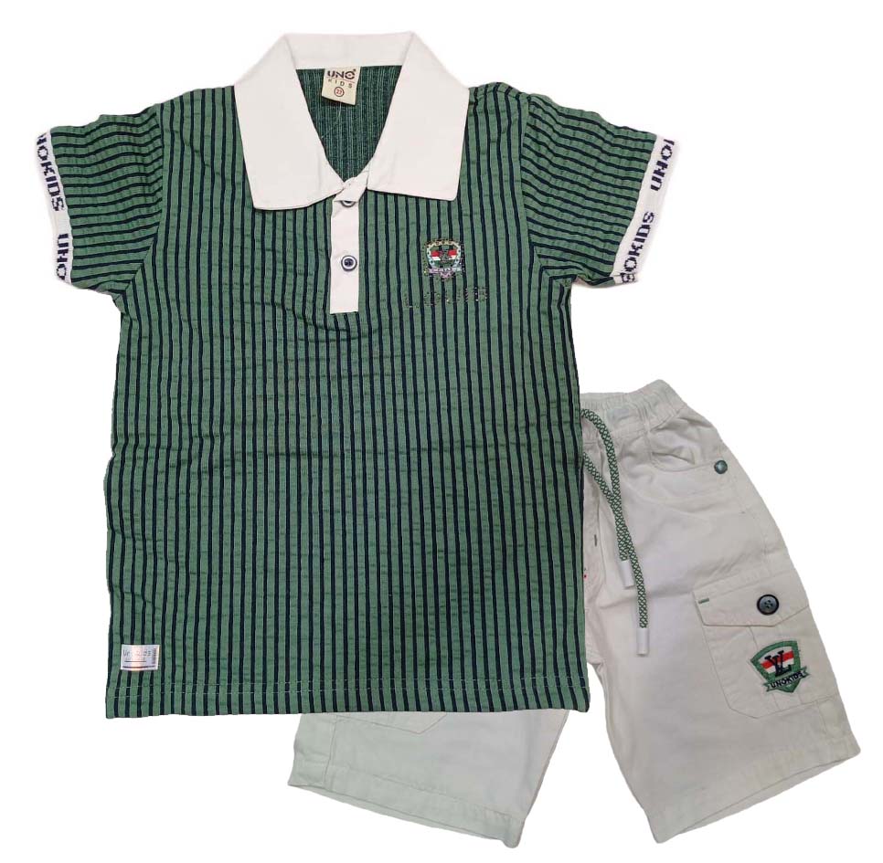 Boys' Striped Polo T-Shirt – Green & White – Short Sleeves with Short