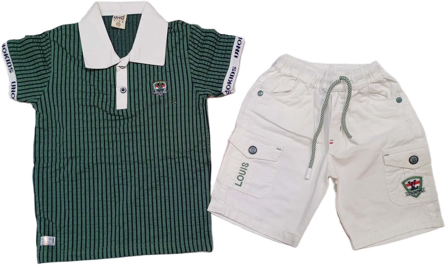 Boys' Striped Polo T-Shirt – Green & White – Short Sleeves with Short