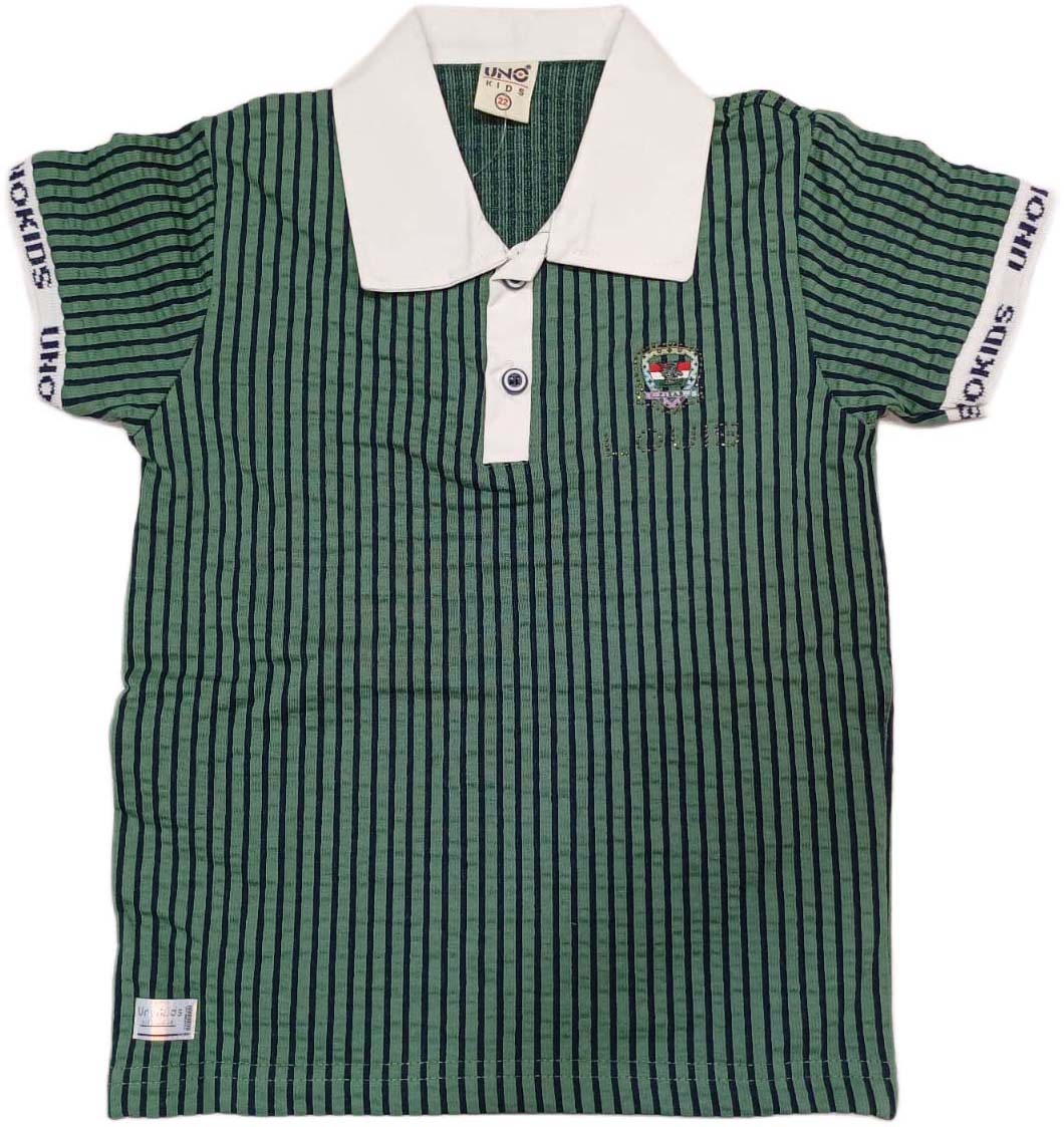 Boys' Striped Polo T-Shirt – Green & White – Short Sleeves with Short