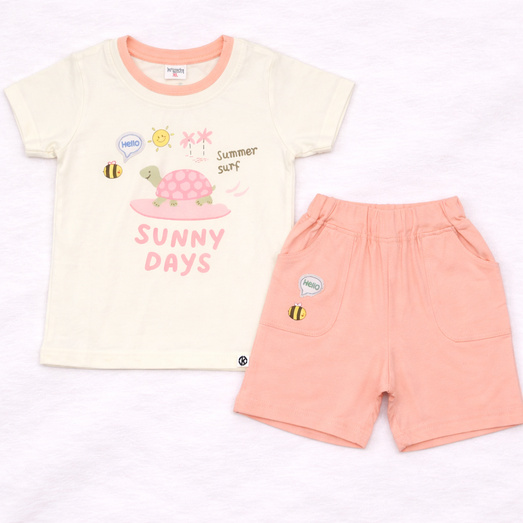 Krunchy Kids Sunny Days Printed T-Shirt with Peach Shorts Cotton Summer Outfit  - Cutypi