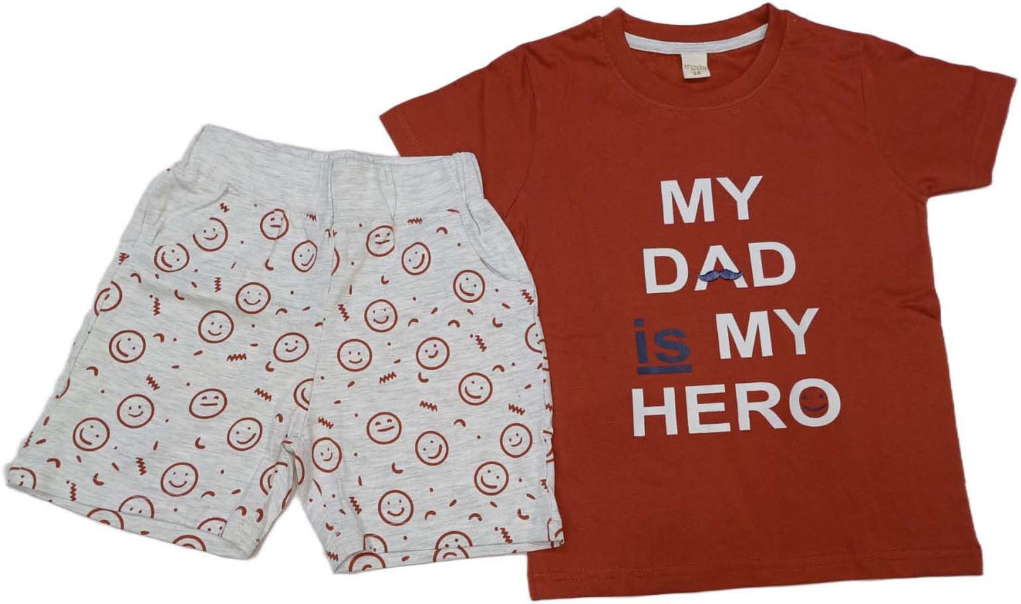 Cotton Half Sleeves My Dad Is My Hero Text Printed T-Shirt with Short Set