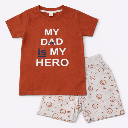 Cotton Half Sleeves My Dad Is My Hero Text Printed T-Shirt with Short Set
