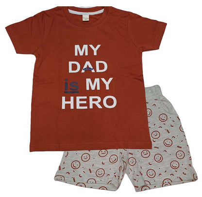 Cotton Half Sleeves My Dad Is My Hero Text Printed T-Shirt with Short Set