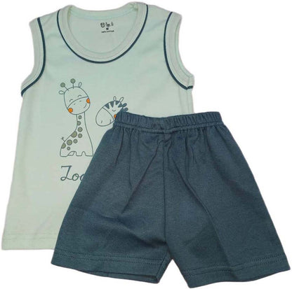 Cotton Sleeveless T-Shirt Lion Print Suit Green White