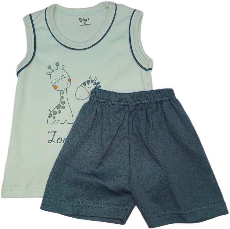 Cotton Sleeveless T-Shirt Zoo Print Suit Green