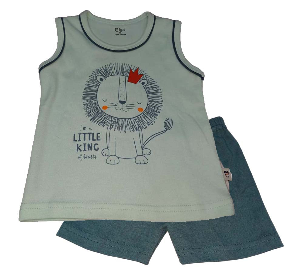 Cotton Sleeveless T-Shirt Lion Print Suit Green White