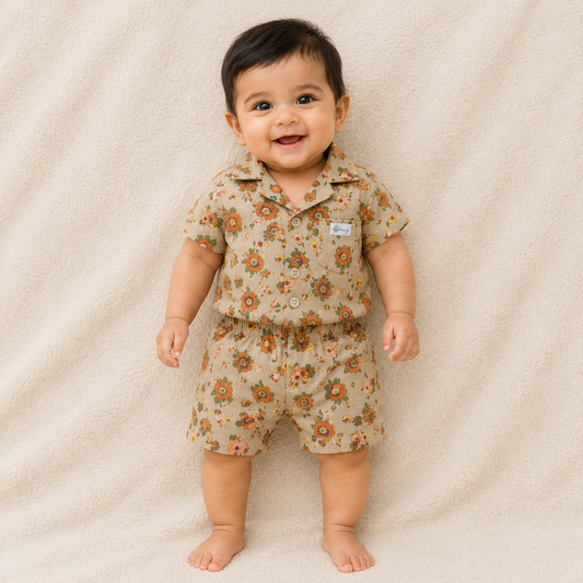 Baby Girl Floral Half Sleeves Top with Short - Biege