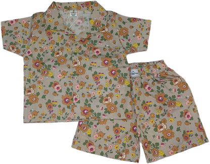 Baby Girl Floral Half Sleeves Top with Short - Biege