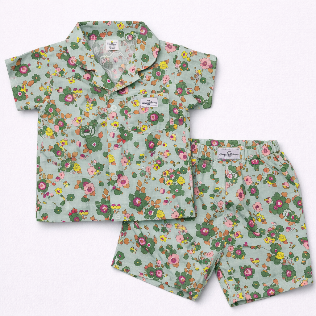 Baby Girl Floral Half Sleeves Top with Short - Green