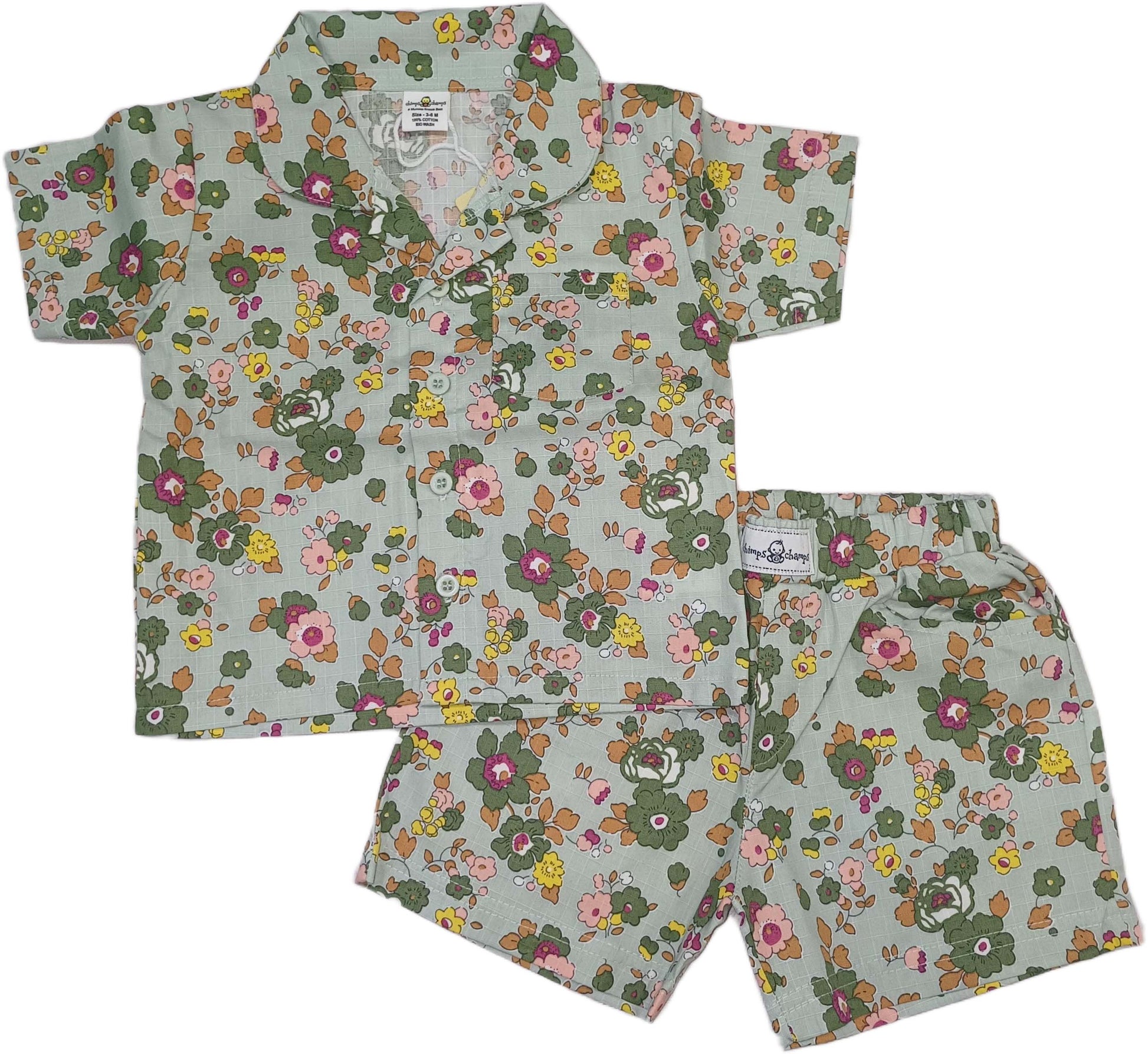 Baby Girl Floral Half Sleeves Top with Short - Green