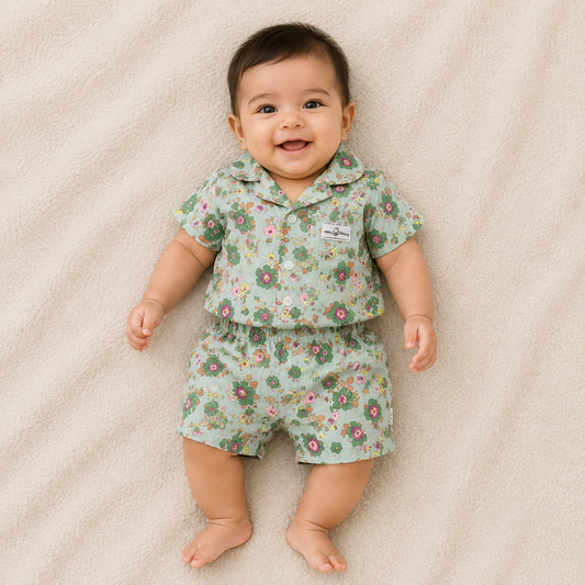 Baby Girl Floral Half Sleeves Top with Short - Green