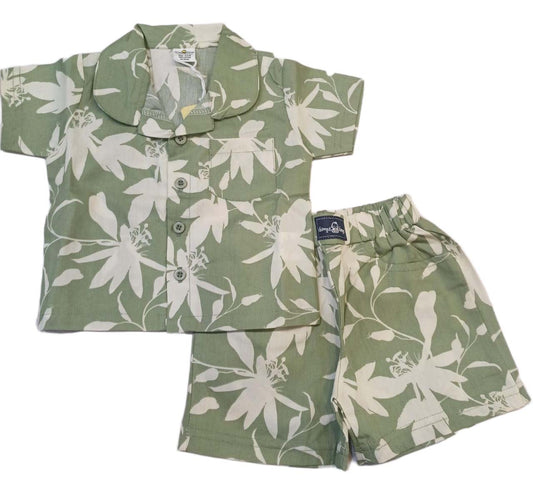 Baby Girl Printed Half Sleeves Top with Short - Green