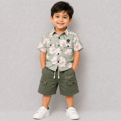 Boys Green Floral Shirt & Cargo Shorts Set | Casual Outfit