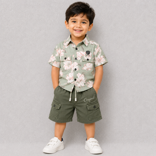Boys Green Floral Shirt & Cargo Shorts Set | Casual Outfit