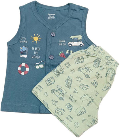 CUCUMBER Sinker Knit Sleeveles Front Open T-Shirt & Short Set