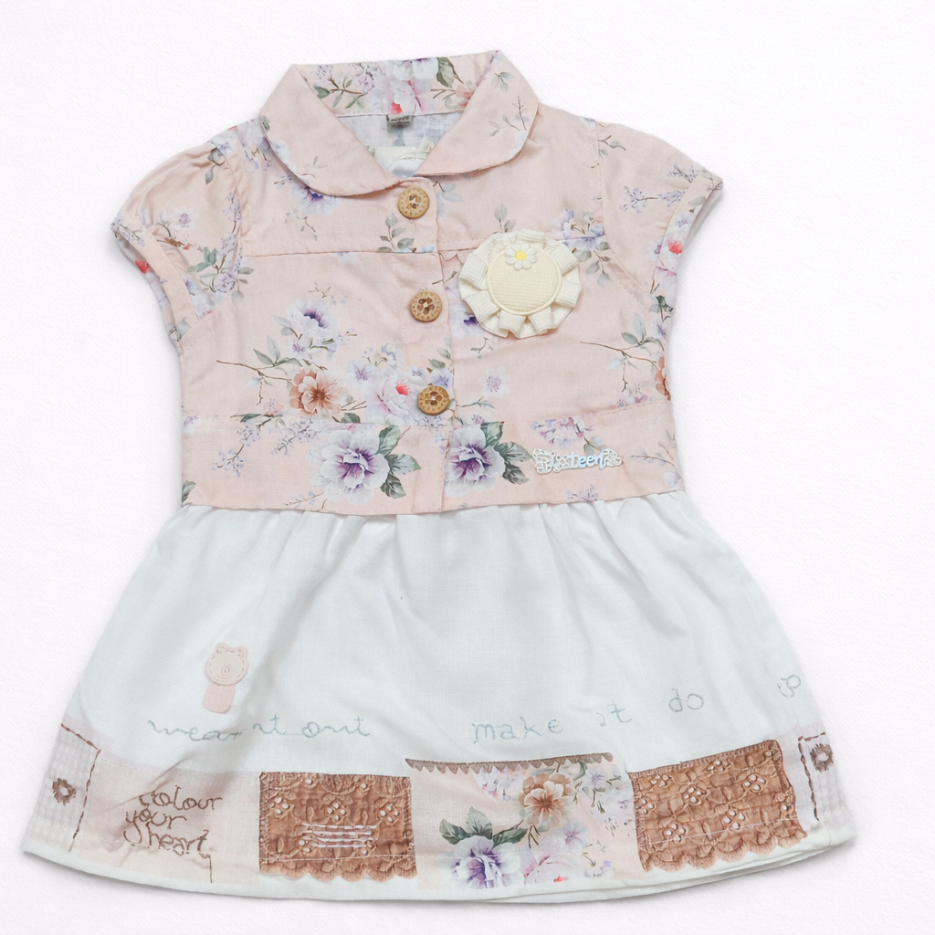 Sixteen Baby Girls Floral Printed Cotton Dress with Collar Short Sleeve Casual Wear - Cutypi