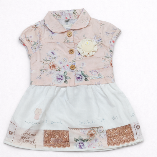 Baby Girls Floral Printed Cotton Dress with Collar Short Sleeve Casual Wear