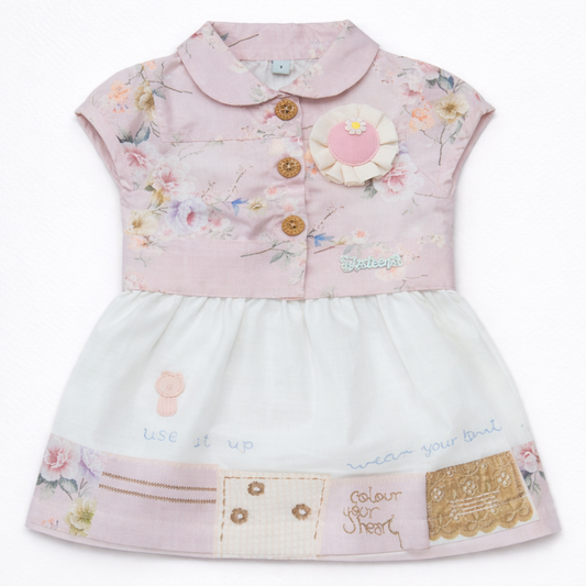 Baby Girls Floral Printed Cotton Dress with Collar Short Sleeve Casual Wear