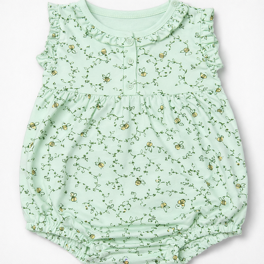 Cutypi Baby Girl Mint Green Bee & Floral Print Cotton Romper | Soft Sleeveless Summer Onesie - Cutypi