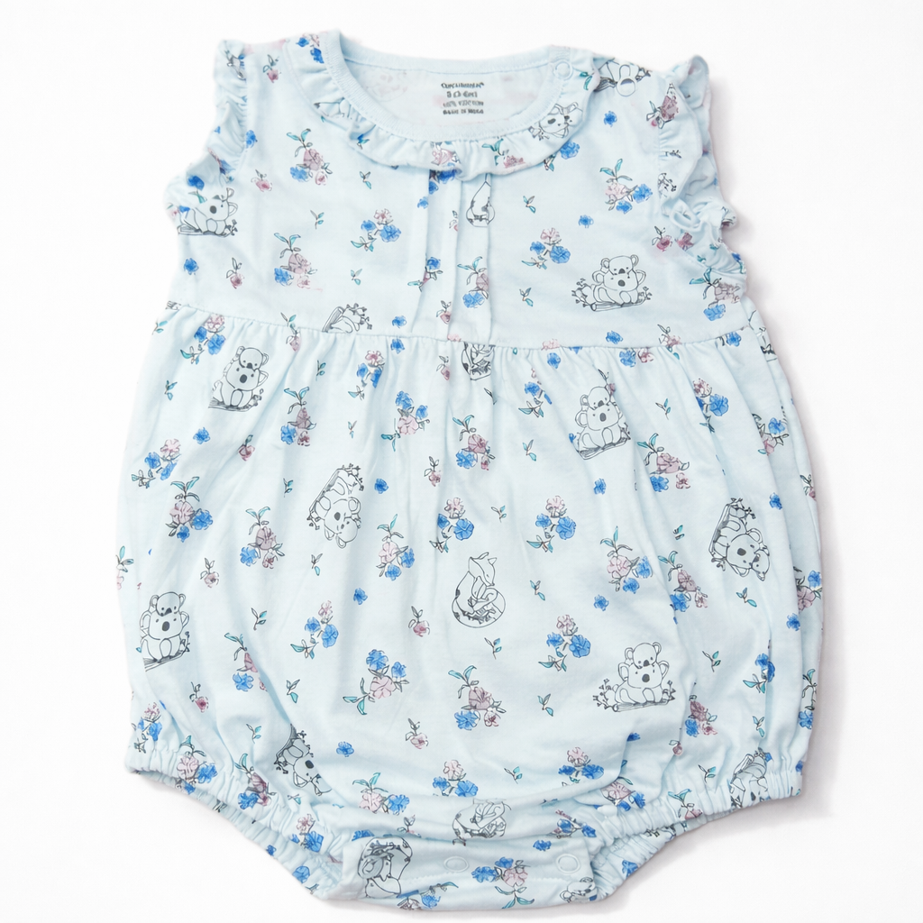 Baby Girl Light Blue Floral & Koala Print Cotton Romper | Soft Sleeveless Summer Onesie