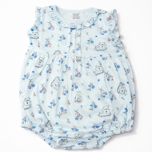 Baby Girl Light Blue Floral & Koala Print Cotton Romper | Soft Sleeveless Summer Onesie