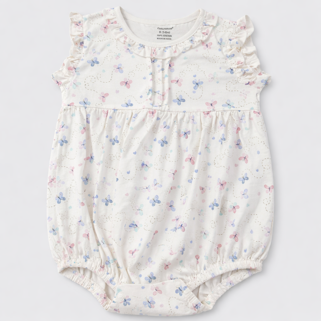 Cucumber Pastel Butterfly Print Baby Romper with Ruffle Sleeves - Cutypi