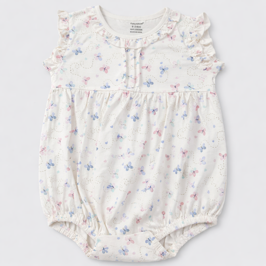 Cucumber Pastel Butterfly Print Baby Romper with Ruffle Sleeves - Cutypi