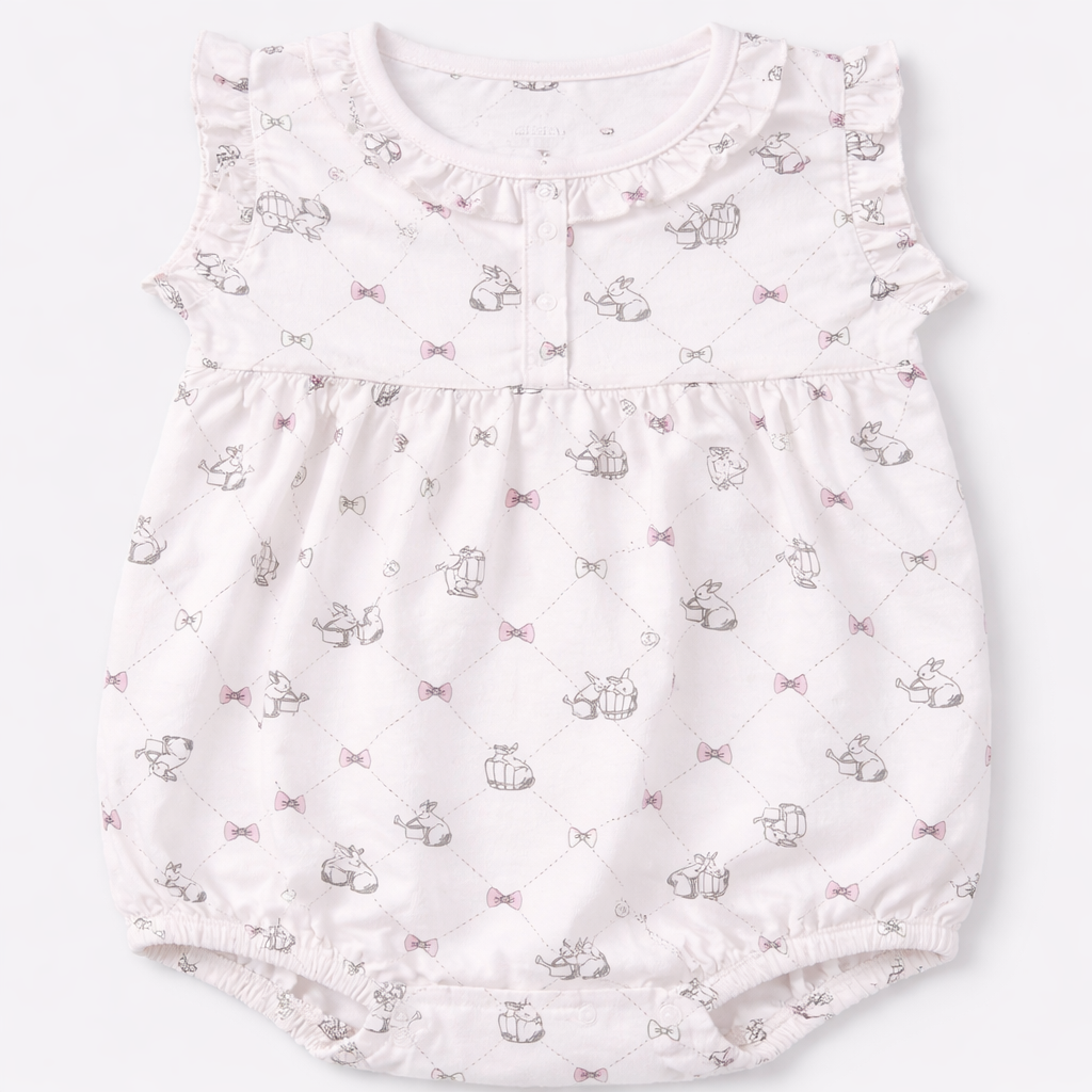 Cucumber Soft Pink Bunny & Bow Print Baby Romper with Ruffle Sleeves - Cutypi