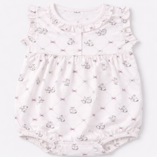 Cucumber Soft Pink Bunny & Bow Print Baby Romper with Ruffle Sleeves - Cutypi