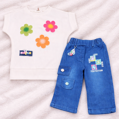 Girls Short Sleeves Floral Print Top & Jeans Set