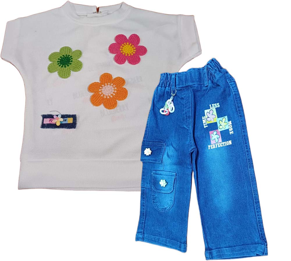 Girls Short Sleeves Floral Print Jeans Set