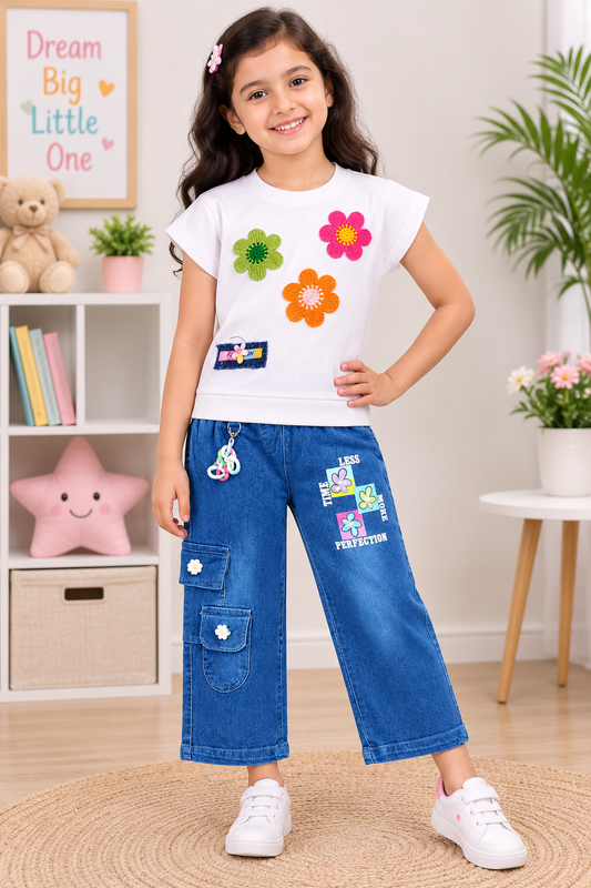Girls Short Sleeves Floral Print Top & Jeans Set
