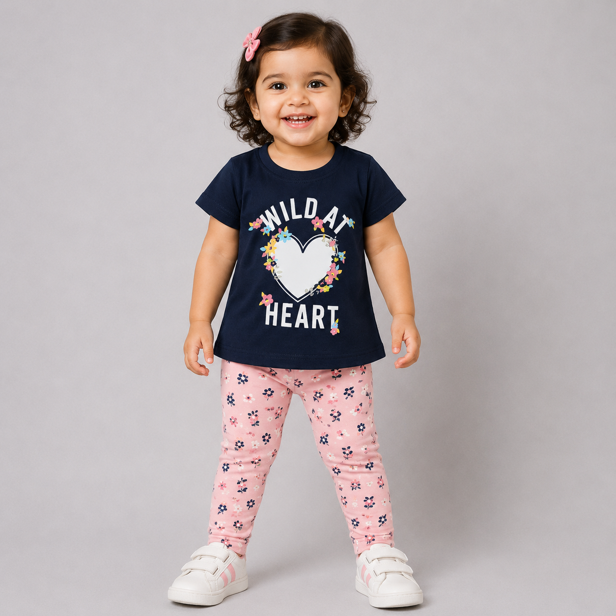 Hazelnut baby girls navy blue printed top with floral heart graphic