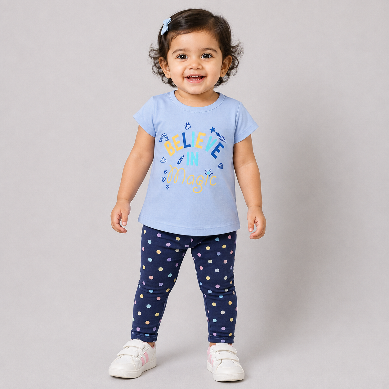 Hazelnut baby girls sky blue printed top with Believe in Magic graphic