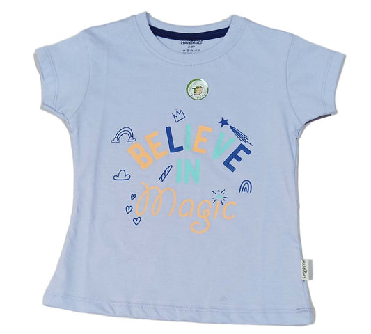 Girls Printed Pure Cotton Regular T Shirt Sky Blue