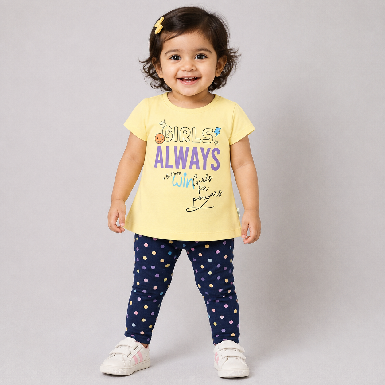 Hazelnut baby girls yellow printed top with Girls Always graphic design