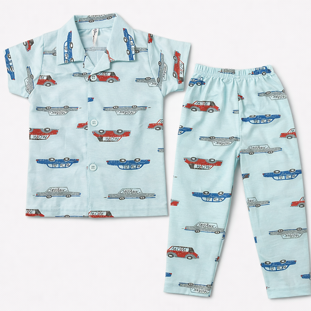Natkhat Sky Blue Car Print Kids Nightwear Set – Half Sleeve Cotton Shirt & Pants - Cutypi