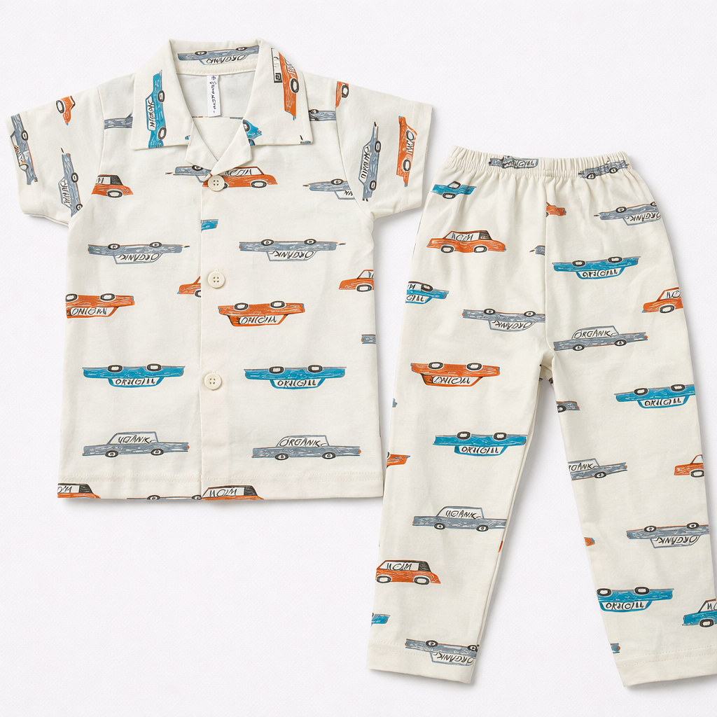 Natkhat Car Print Kids Nightwear Set – Half Sleeve Cotton Shirt & Pants - Cutypi