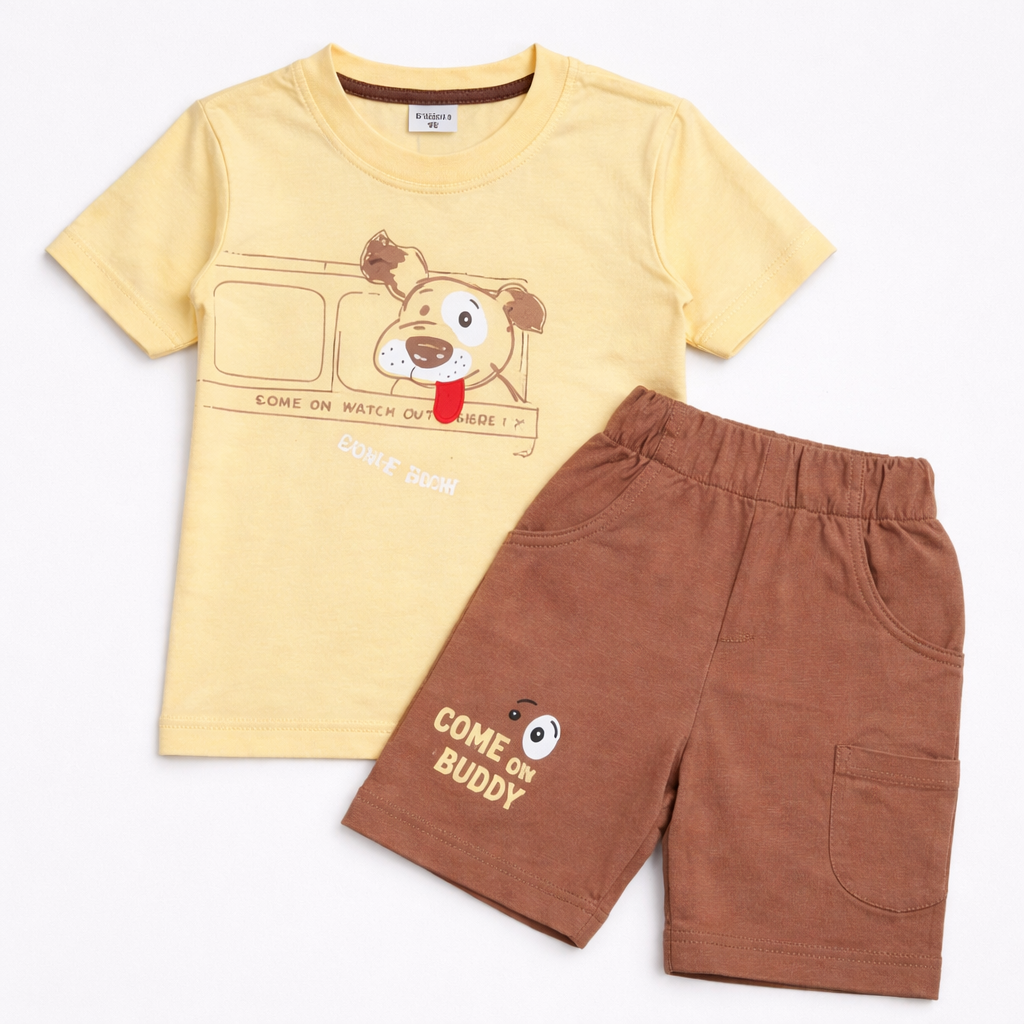 Krunchy Come On Buddy Kids Suit Set – Dog Print Cotton T-Shirt & Shorts  - Cutypi