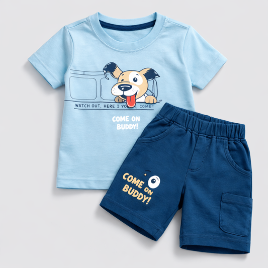 Krunchy Kids Suit Set – Dog Print Cotton T-Shirt & Shorts  - Cutypi