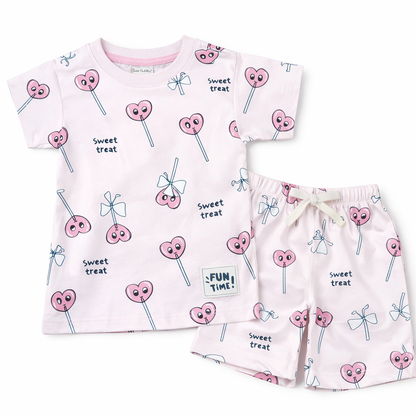 Cucu Cuddles Kids Purple Sweet treat Print Cotton T-Shirt and Shorts Set Cute Summer Outfit for Girls - Cutypi