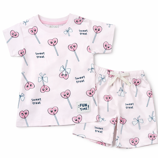 Cucu Cuddles Kids Purple Sweet treat Print Cotton T-Shirt and Shorts Set Cute Summer Outfit for Girls - Cutypi