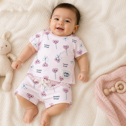 Kids Purple Sweet treat Print Cotton T-Shirt and Shorts Set Cute Summer Outfit for Girls